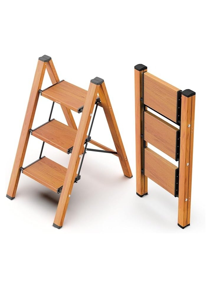 WOA WOA 3 Step Ladder, Lightweight Aluminum Stepladders with Widen Pedals, Anti-Slip Portable Folding Ladders, Multi-Use Step Stool for Home Kitchen Office 330lbs - Wood Grain - Image 1