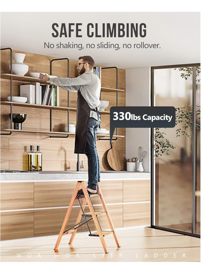 WOA WOA 3 Step Ladder, Lightweight Aluminum Stepladders with Widen Pedals, Anti-Slip Portable Folding Ladders, Multi-Use Step Stool for Home Kitchen Office 330lbs - Wood Grain - Image 2