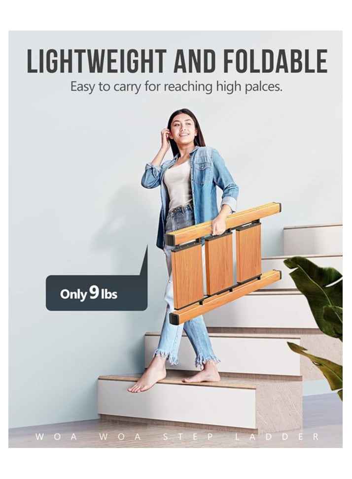 WOA WOA 3 Step Ladder, Lightweight Aluminum Stepladders with Widen Pedals, Anti-Slip Portable Folding Ladders, Multi-Use Step Stool for Home Kitchen Office 330lbs - Wood Grain - Image 3