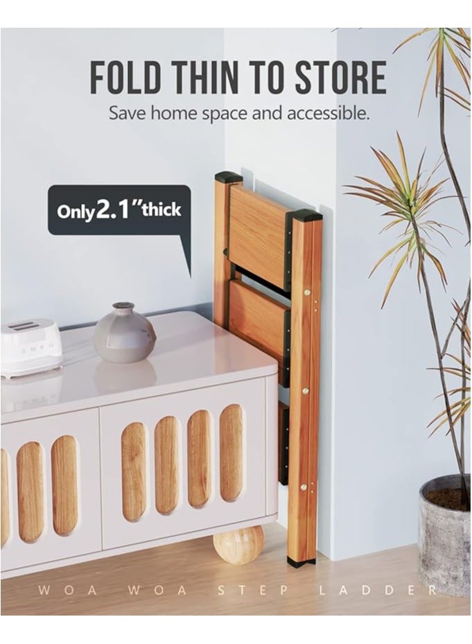 WOA WOA 3 Step Ladder, Lightweight Aluminum Stepladders with Widen Pedals, Anti-Slip Portable Folding Ladders, Multi-Use Step Stool for Home Kitchen Office 330lbs - Wood Grain - Image 4