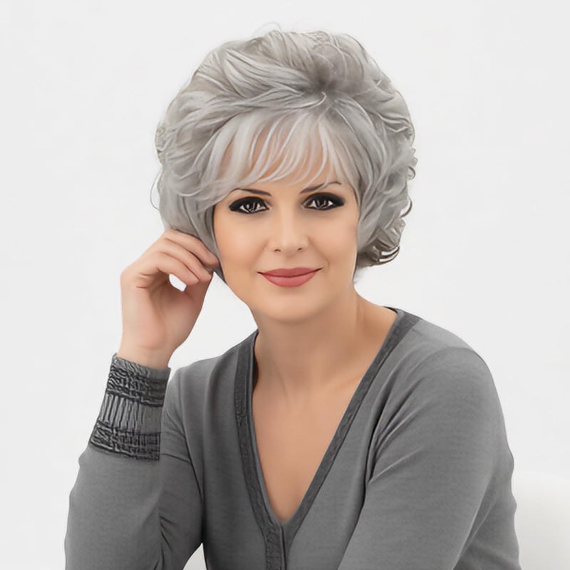 RENERSHOW Short Grey Curly Wigs for White Women Sliver Gray Synthetic Wig with Bangs Full Puffy Curly Grey Short Wig - Image 1