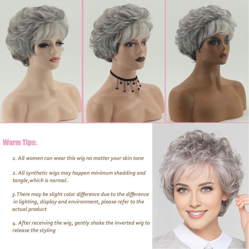 RENERSHOW Short Grey Curly Wigs for White Women Sliver Gray Synthetic Wig with Bangs Full Puffy Curly Grey Short Wig - Image 5