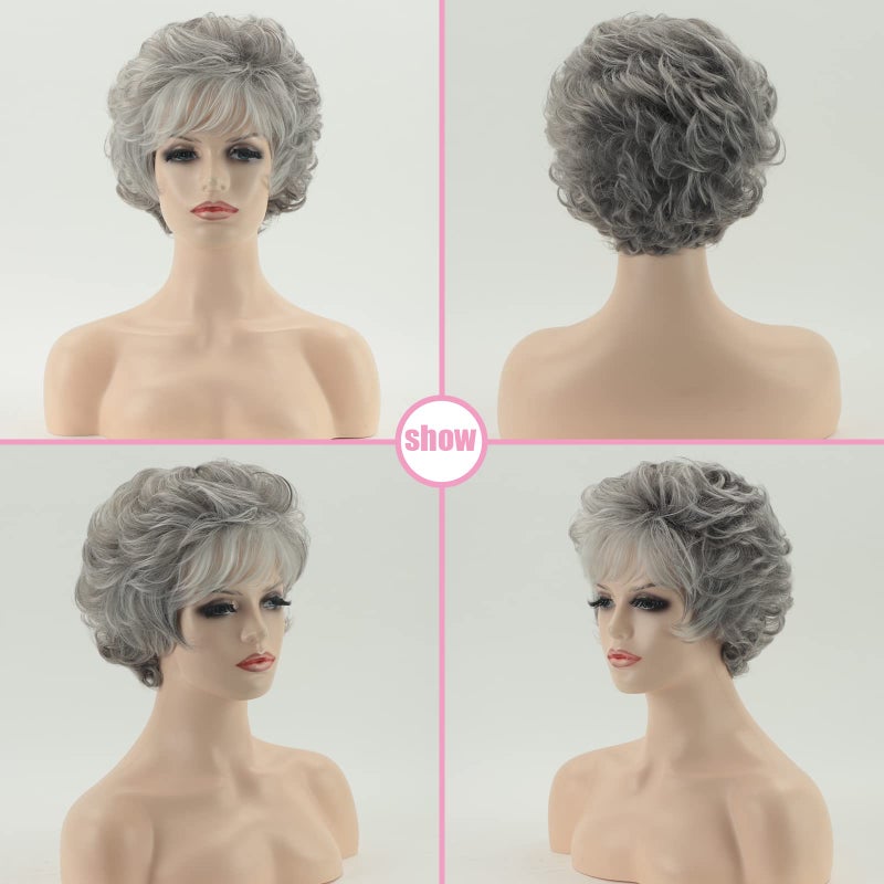 RENERSHOW Short Grey Curly Wigs for White Women Sliver Gray Synthetic Wig with Bangs Full Puffy Curly Grey Short Wig - Image 4