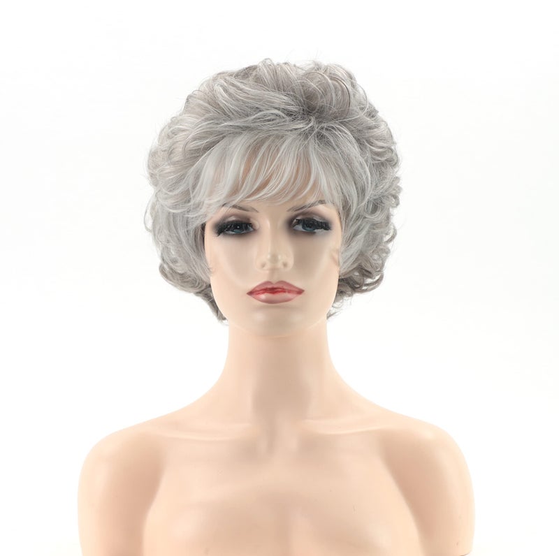 RENERSHOW Short Grey Curly Wigs for White Women Sliver Gray Synthetic Wig with Bangs Full Puffy Curly Grey Short Wig - Image 2