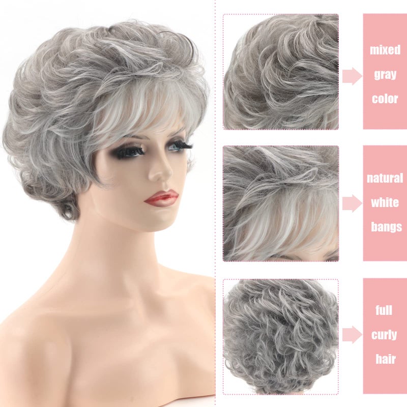 RENERSHOW Short Grey Curly Wigs for White Women Sliver Gray Synthetic Wig with Bangs Full Puffy Curly Grey Short Wig - Image 3
