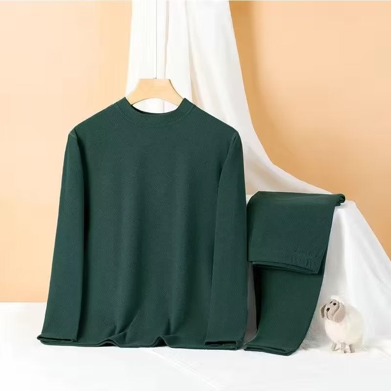 Thermal Underwear Mens Double-Sided Velvet fleece-lined Mid-Collar Autumn and Winter Cold-proof Self-heating Semi-high Collar Autumn Clothes and Pants suit Dark green [German velvet semi-high collar suit] [counter quality]] 