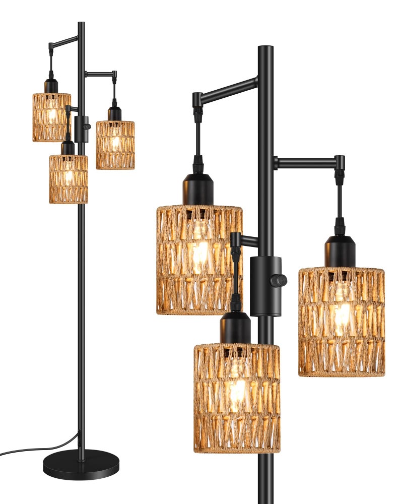 GOEBLESON Dimmable Floor Lamp, Farmhouse Tall Standing 70.3" Tree Lamp with 3 Rope Woven Lampshades, Boho Rattan Floor Lights, 4W 3 LED Bulbs Included, for Living Room, Bedroom, Study, Office B03LD05 - Image 1