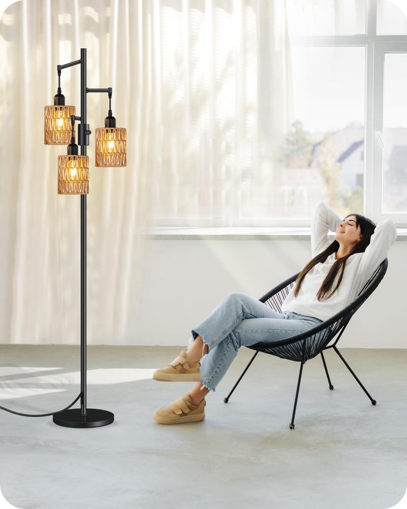 GOEBLESON Dimmable Floor Lamp, Farmhouse Tall Standing 70.3" Tree Lamp with 3 Rope Woven Lampshades, Boho Rattan Floor Lights, 4W 3 LED Bulbs Included, for Living Room, Bedroom, Study, Office B03LD05 - Image 5