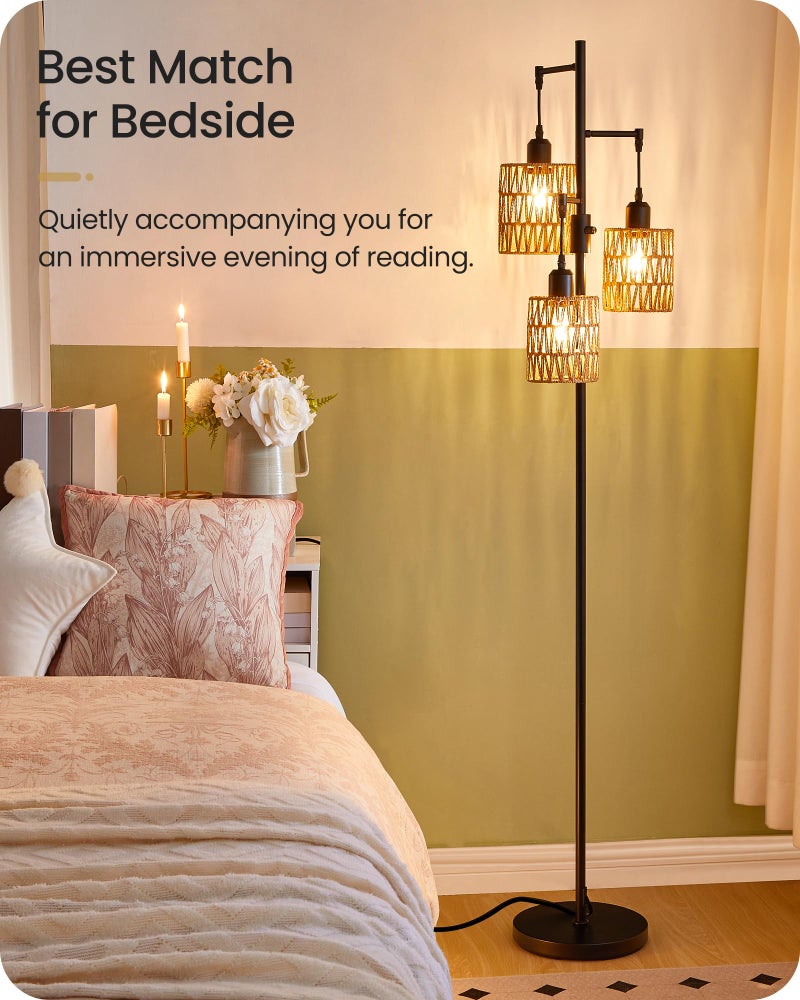 GOEBLESON Dimmable Floor Lamp, Farmhouse Tall Standing 70.3" Tree Lamp with 3 Rope Woven Lampshades, Boho Rattan Floor Lights, 4W 3 LED Bulbs Included, for Living Room, Bedroom, Study, Office B03LD05 - Image 3