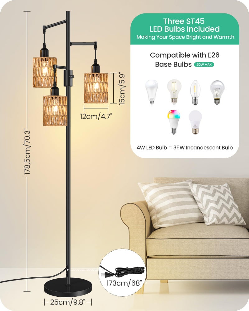 GOEBLESON Dimmable Floor Lamp, Farmhouse Tall Standing 70.3" Tree Lamp with 3 Rope Woven Lampshades, Boho Rattan Floor Lights, 4W 3 LED Bulbs Included, for Living Room, Bedroom, Study, Office B03LD05 - Image 2