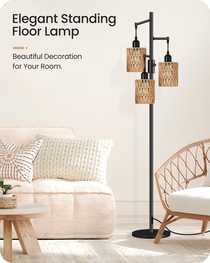 GOEBLESON Dimmable Floor Lamp, Farmhouse Tall Standing 70.3" Tree Lamp with 3 Rope Woven Lampshades, Boho Rattan Floor Lights, 4W 3 LED Bulbs Included, for Living Room, Bedroom, Study, Office B03LD05 - Image 4