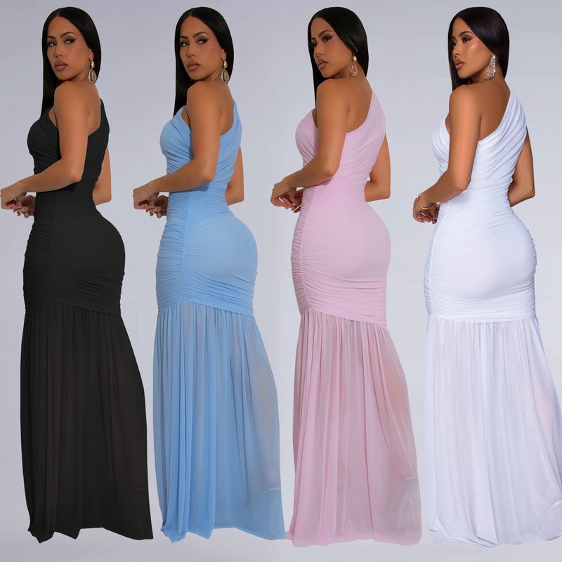 Women's Elegant One-Shoulder Solid Color Bodycon Maxi Dress - Image 2
