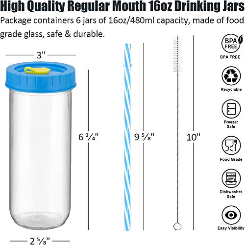 Qinline Glass Drinking Bottle Travel Drinking Jars 6 Pack, 16oz Mason Jars Regular Mouth Beverage Bottle with Airtight Lids &Straws, Reusable Water Bottle Skinny Tumbler for Juice/Smoothies,/Kombucha/Tea/Milk - Image 3