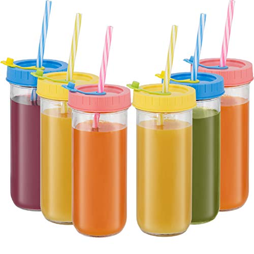 Qinline Glass Drinking Bottle Travel Drinking Jars 6 Pack, 16oz Mason Jars Regular Mouth Beverage Bottle with Airtight Lids &Straws, Reusable Water Bottle Skinny Tumbler for Juice/Smoothies,/Kombucha/Tea/Milk - Image 1
