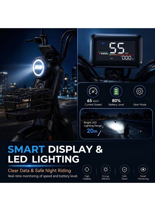 ITQAN RASEEL Upgraded Version — Long-lasting battery 60km adult high-speed two-person E-scooter，E-bike（دراجات كهربائية، سكوترات كهربائية）, comes with a front basket and double seat | 600W A+ motor | 60V 20Ah battery | Top speed 65 km/h | Supports up to 150 kg | Features a digital display and LED lights, sturdy and durable, perfect for everyday family commuting. - Image 4