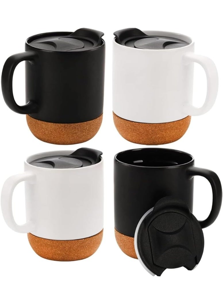 4 مجموعة أكواب القهوة ، أكواب السيراميك مع قاعدة الفلش المعزولة ، أكواب القهوة القابلة لإعادة الاستخدام مع مقبض وغطاء برش للاستخدام المنزلي والمكتب ، مجموعة هدايا للرجال والنساء (2 أسود ، 2 أبيض) - Image 1