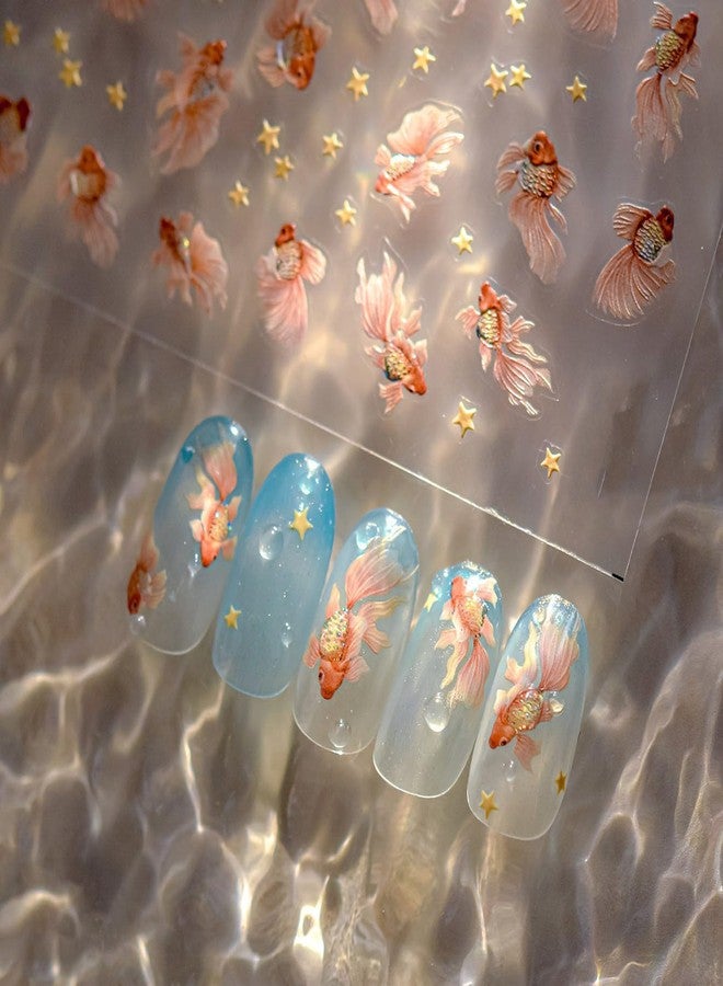 LIFOOST Goldfish Nail Art Stickers Sparkly Koi Fish Nail Stickers 5D Embossed Cute Star Manicure Decals Accessories Spring Summer Goldfish Adhesive Slider for Women DIY Nail Art Decorations - Image 1