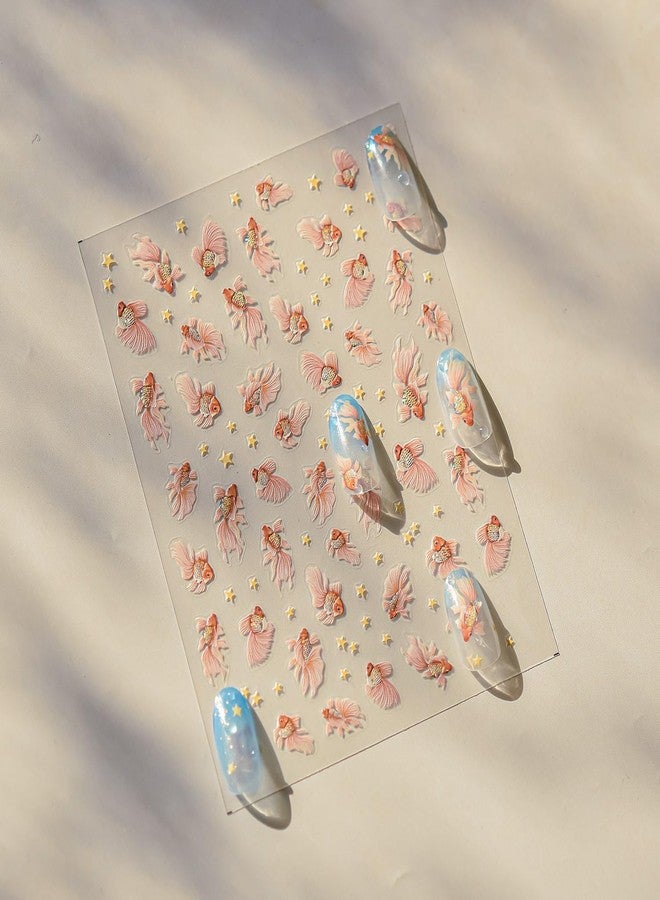 LIFOOST Goldfish Nail Art Stickers Sparkly Koi Fish Nail Stickers 5D Embossed Cute Star Manicure Decals Accessories Spring Summer Goldfish Adhesive Slider for Women DIY Nail Art Decorations - Image 4