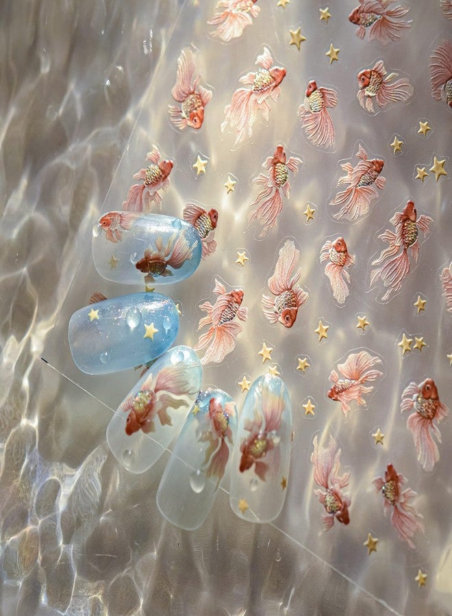 LIFOOST Goldfish Nail Art Stickers Sparkly Koi Fish Nail Stickers 5D Embossed Cute Star Manicure Decals Accessories Spring Summer Goldfish Adhesive Slider for Women DIY Nail Art Decorations - Image 3