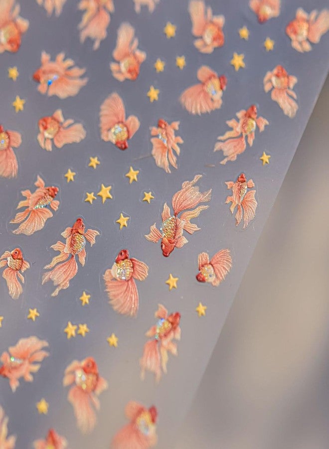 LIFOOST Goldfish Nail Art Stickers Sparkly Koi Fish Nail Stickers 5D Embossed Cute Star Manicure Decals Accessories Spring Summer Goldfish Adhesive Slider for Women DIY Nail Art Decorations - Image 2