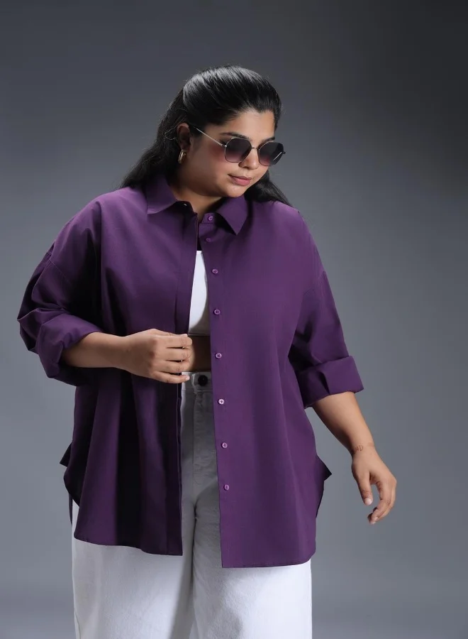 HIGH STAR Women's Colorblocked Purple Spread Collar Full Sleeve 100% Cotton Oversized Plus Size Shirt for Women - Trendy and Comfortable Loose Fit