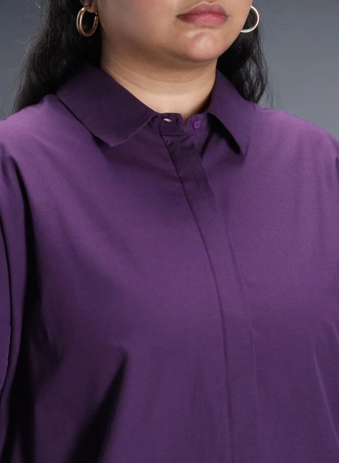 HIGH STAR Women's Colorblocked Purple Spread Collar Full Sleeve 100% Cotton Oversized Plus Size Shirt for Women - Trendy and Comfortable Loose Fit