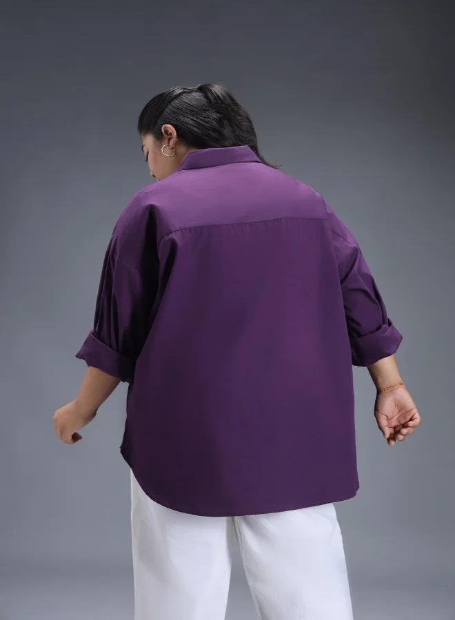 HIGH STAR Women's Colorblocked Purple Spread Collar Full Sleeve 100% Cotton Oversized Plus Size Shirt for Women - Trendy and Comfortable Loose Fit