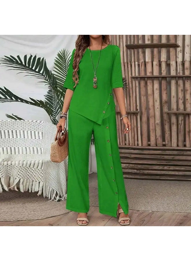 general 2025-2026 Women's Irregular Hemmed Pants Set - Elegant and Fashionable Casual Buttoned Half-Sleeve Shirt Loose Two-Piece Set - Image 1