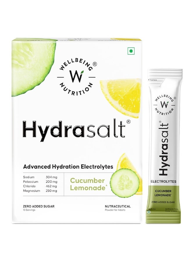 WELLBEING NUTRITION HydraSalt Electrolyte Drink with Zero Added Sugar | 5 Electrolytes & 3 Vitamins for Instant Hydration, Energy, Performance & Recovery, Cucumber Lemonade Flavor 90g, Pack of 15 - Image 1