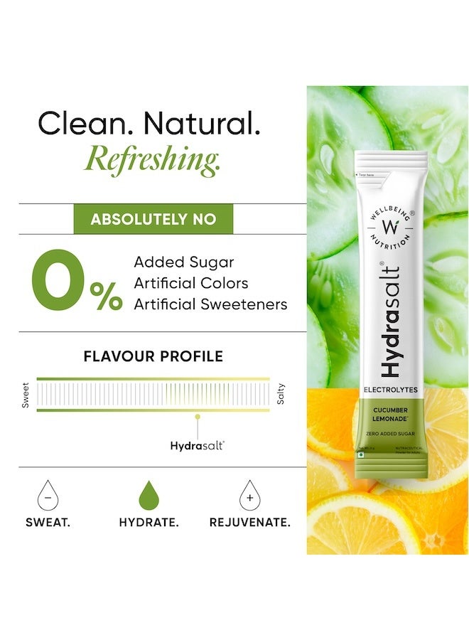WELLBEING NUTRITION HydraSalt Electrolyte Drink with Zero Added Sugar | 5 Electrolytes & 3 Vitamins for Instant Hydration, Energy, Performance & Recovery, Cucumber Lemonade Flavor 90g, Pack of 15 - Image 4