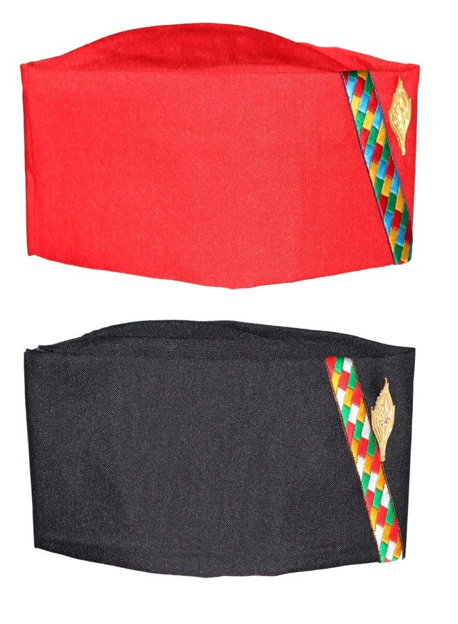 Yanwenx Cotton Uttarakhand Pahadi Topi, Brahmakamal Uttarakhand Cap, Himachali Cap (Set of 2),Black|Red - Image 1