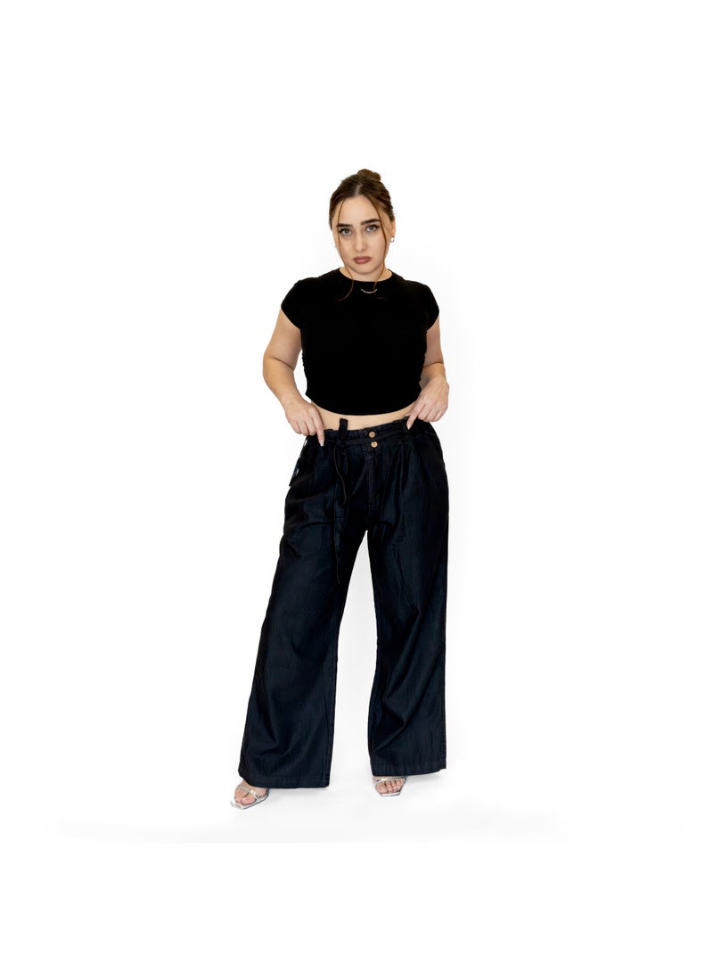 LINELLE بنطلون جينز قطن خفيف الوزن فضفاض للسيدات - أسود، LLJ33230-BK - Image 1