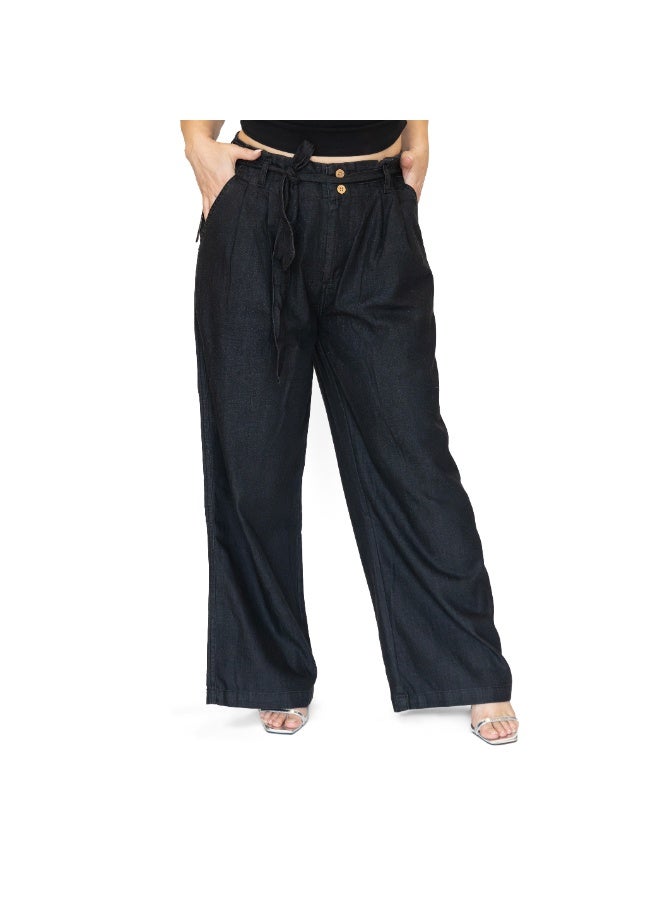 LINELLE بنطلون جينز قطن خفيف الوزن فضفاض للسيدات - أسود، LLJ33230-BK - Image 2