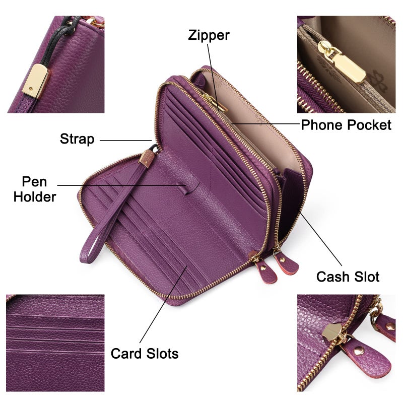 SENDEFN Leather Women Wallet RFID Blocking Zipper Around Phone Holder Clutch Wristlet Large Capacity - Image 3