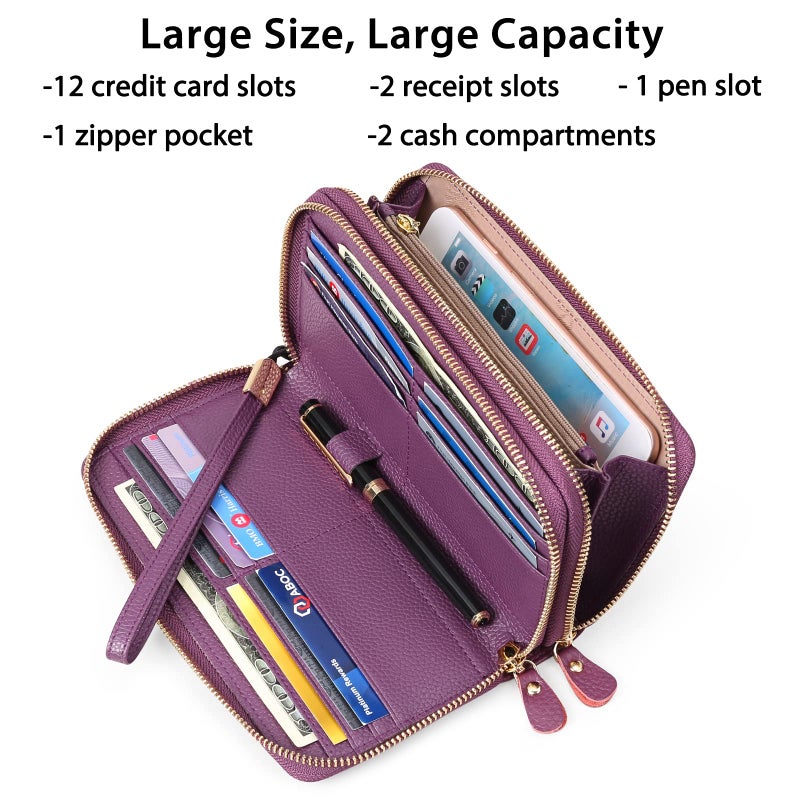 SENDEFN Leather Women Wallet RFID Blocking Zipper Around Phone Holder Clutch Wristlet Large Capacity - Image 2