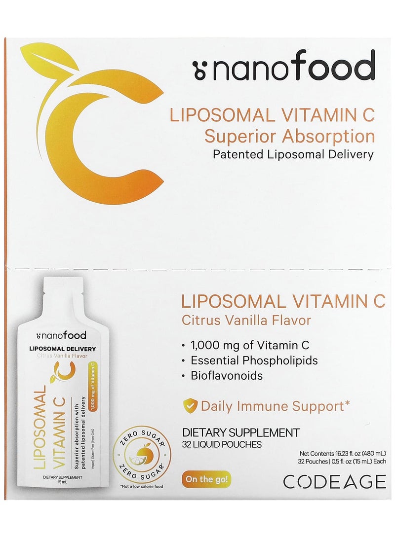 Codeage Liposomal Vitamin C, Citrus Vanilla, 1,000 mg, 32 Pouches, 0.5 fl oz (15 ml) each