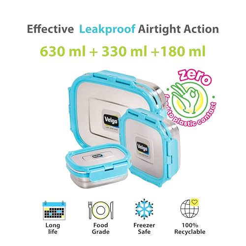 Veigo Celebration Steel Lunch Box Set (630ml + 330ml + 180ml) | Airtight & Leak-Proof Design for Spill-Free Meals | Perfect for School, Office, Travel & Outdoor Use | Ideal for Gifting| Aqua Blue - Image 2