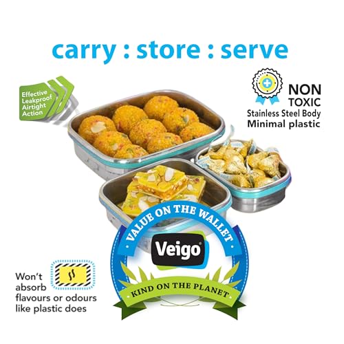 Veigo Celebration Steel Lunch Box Set (630ml + 330ml + 180ml) | Airtight & Leak-Proof Design for Spill-Free Meals | Perfect for School, Office, Travel & Outdoor Use | Ideal for Gifting| Aqua Blue - Image 4