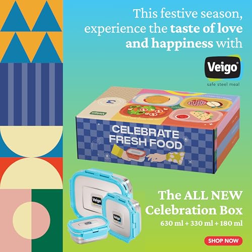 Veigo Celebration Steel Lunch Box Set (630ml + 330ml + 180ml) | Airtight & Leak-Proof Design for Spill-Free Meals | Perfect for School, Office, Travel & Outdoor Use | Ideal for Gifting| Aqua Blue - Image 3