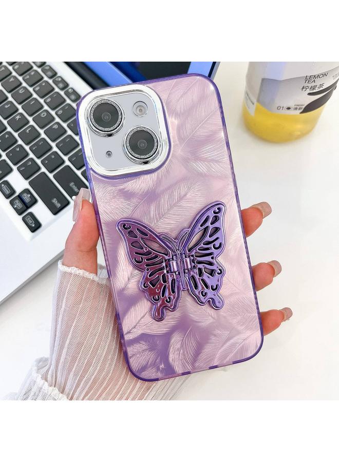 S-TOP Case For iPhone 14 Plating Glitter Texture Butterfly Holder TPU Phone Case with Lens Film - Image 1