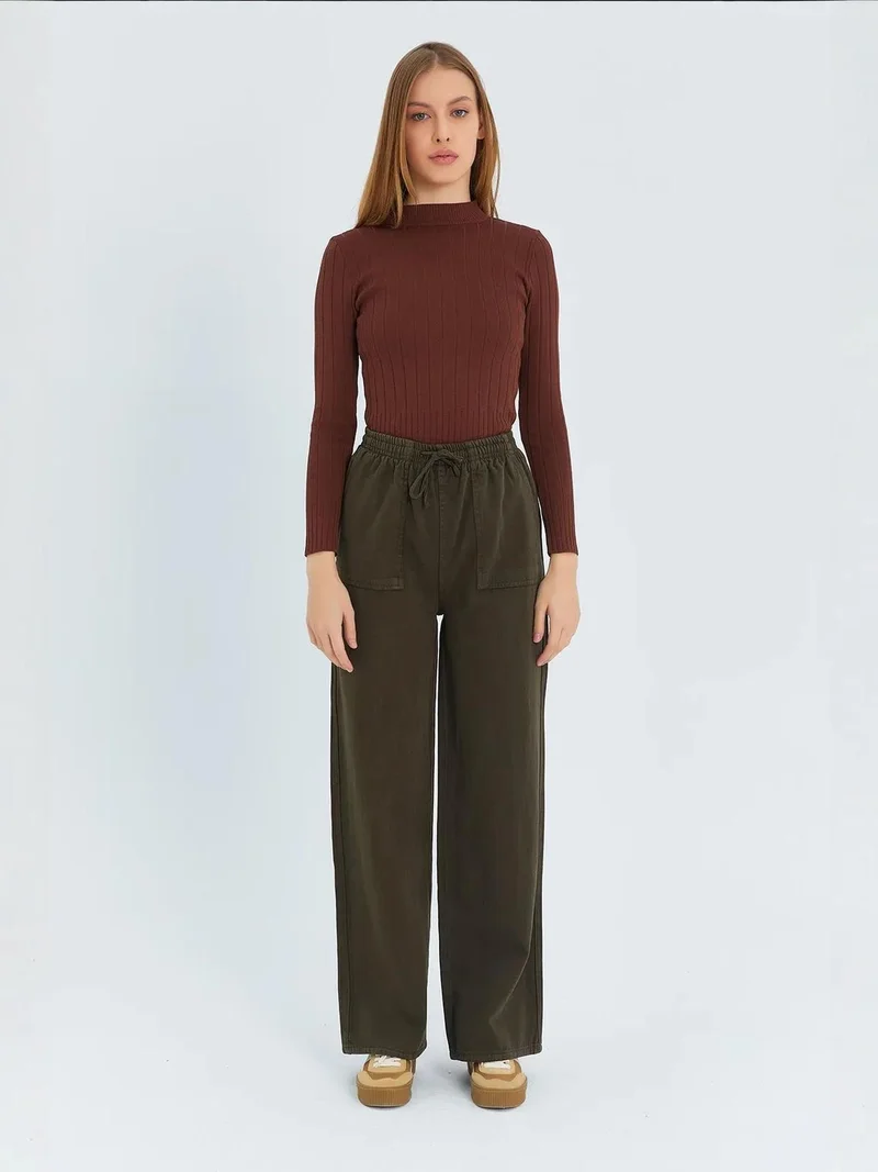 MixRay Khaki Green Mixray Elastic Waist Straight Leg Cotton Pants for Women | Best Price UAE
