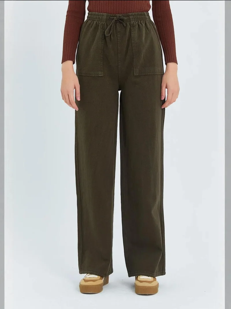 MixRay Khaki Green Mixray Elastic Waist Straight Leg Cotton Pants for Women | Best Price UAE