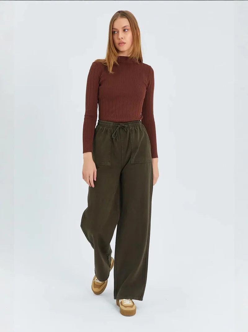 MixRay Khaki Green Mixray Elastic Waist Straight Leg Cotton Pants for Women | Best Price UAE