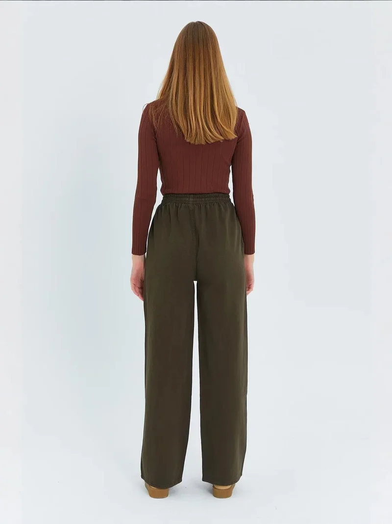 MixRay Khaki Green Mixray Elastic Waist Straight Leg Cotton Pants for Women | Best Price UAE