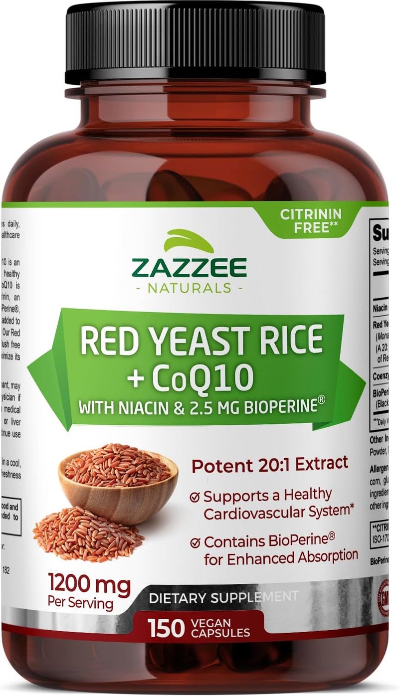 Zazzee Red Yeast Rice 1200 mg with CoQ10, 150 Vegan Capsules, Extra Strength 20:1 Extract, Citrinin Free, Supports Cardiovascular and Blood Circulation Health, All-Natural, Non-GMO, Made in The USA