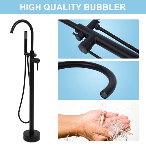 HAWKROWN Freestanding Bathtub Faucet, Floor Mount Bathtub Faucet with 2 Water Outlet Modes, Swivel Gooseneck Spout with Hand Shower, Brass Single Handle Tub filler, Max Flow Rate 7.4 GPM, Matte Black - Image 4