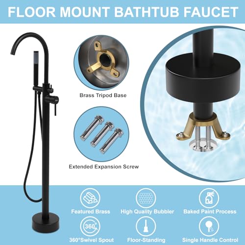 HAWKROWN Freestanding Bathtub Faucet, Floor Mount Bathtub Faucet with 2 Water Outlet Modes, Swivel Gooseneck Spout with Hand Shower, Brass Single Handle Tub filler, Max Flow Rate 7.4 GPM, Matte Black - Image 2