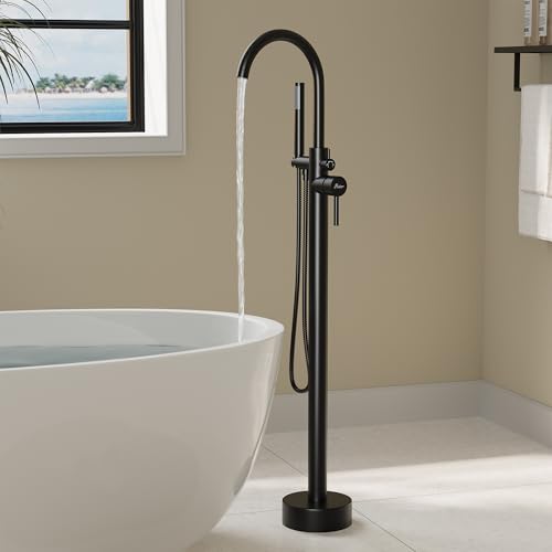 HAWKROWN Freestanding Bathtub Faucet, Floor Mount Bathtub Faucet with 2 Water Outlet Modes, Swivel Gooseneck Spout with Hand Shower, Brass Single Handle Tub filler, Max Flow Rate 7.4 GPM, Matte Black - Image 1