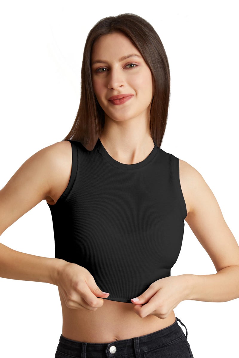 Berry&Bird BERRY BIRD® Stylish Sleeveless Round Neck Ribbed Tank Tops for Women & Girls Slim Fit Collarless Beach, Gym Wear and Western Trendy Fashion Black - Image 1