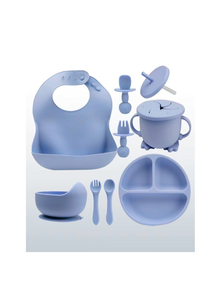 8 pieces Baby silicone feeding set/ Children's Cutlery & tableware set/ Portable, Travel friendly/ Non-toxic Food Grade Silicone/ Baby Feeding Set/ Safe & Reusable Utensils for toddlers and kids (8 Pieces/ Compartment Plate, Bowl, Short Fork & Spoon, Water Cup, Bib, Long Fork & Spoon)/ Blue